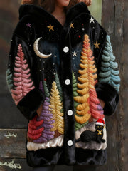 Women's Colorful Christmas Tree and Cute Christmas Black Cat Pattern Warm Cardigan Sweater