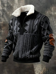 Men's Retro Color Block Print Casual Fur Collar Zip-up Hoodie