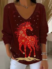 Women's Western Red Horse V-Neck Ribbed Top