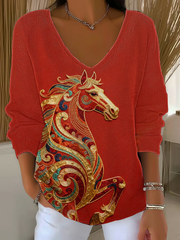 Women's Western Red Horse V-Neck Ribbed Top