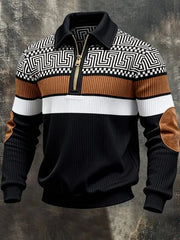 Men's Retro Color Block Print Zip-Up Corduroy Sweatshirt