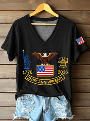 Women's 250th Anniversary Embroidered Pattern V-Neck T-Shirt