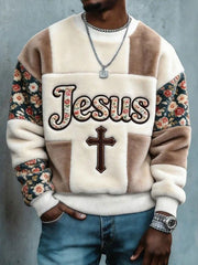 Men's Jesus Floral Patchwork Flannel Crewneck Sweatshirt