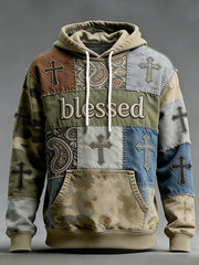 Men's Christian Blessed Cross Paisley Pattern Color Block Print Casual Hoodie