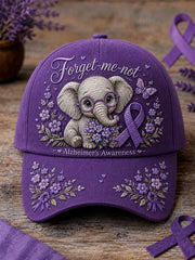 Unisex Purple Ribbon Elephant Forget-Me-Not Print Alzheimer's Awareness Support Hat