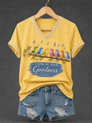 Women's I Will Sing Of The Goodness Of God Psalm 89:1 Christian Bird Print Casual V-Neck Tee