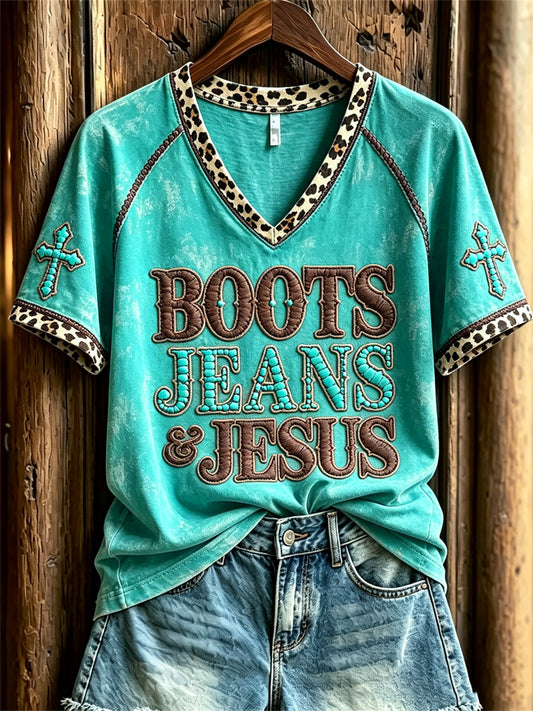 Women's Vintage Boots Jeans & Jesus Western Cross Leopard Print short-sleeved T-shirt 01