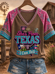Women's She's From Texas I Can Tell Print Casual V-Neck Tee