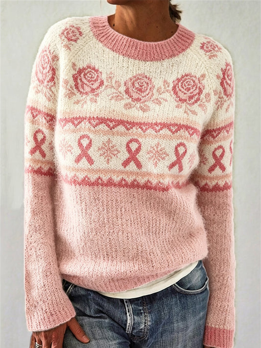 Women's Pink Flower and Pink Charity Ribbon Pattern Printed Casual Long Sleeve Sweater