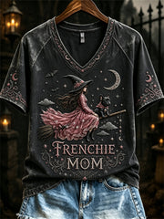 Women's Halloween Pink Witch Frenchie Mom Print short-sleeved T-shirt