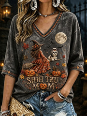 Women's Halloween Fall Shih Tzu Mom Witch & Dog Print Mid-length Sleeves V-Neck T-Shirt