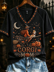Women's Halloween Fall Corgi Mom Witch & Dog Print short-sleeved T-shirt