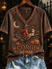 Women's Halloween Fall Corgi Mom Witch & Dog Print short-sleeved T-shirt