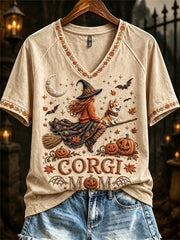 Women's Halloween Fall Corgi Mom Witch & Dog Print short-sleeved T-shirt