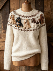 Women's Vintage Lovely Cocker Spaniel Dogs Yoke Isle Print crew neck sweater