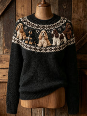 Women's Vintage Lovely Cocker Spaniel Dogs Yoke Isle Print crew neck sweater