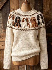 Women's Vintage Cavalier Dogs Yoke Isle Print Cozy crew neck sweater