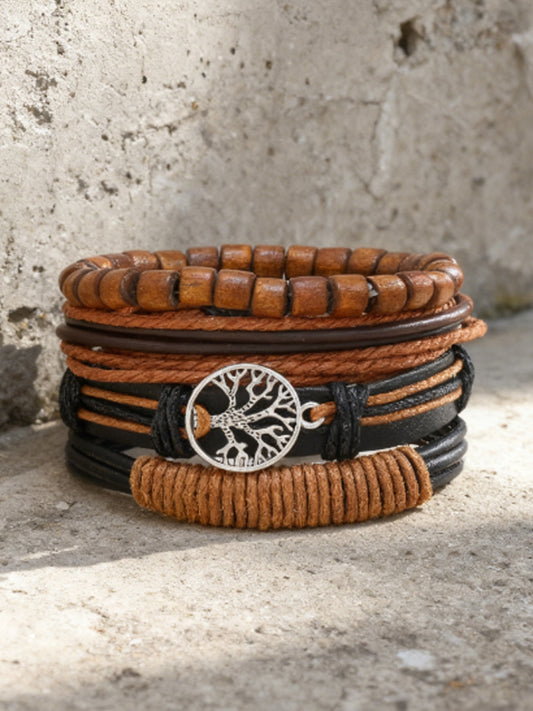 Men's Tree of Life Vintage Woven Personalized Leather Bracelet Three-Piece Set