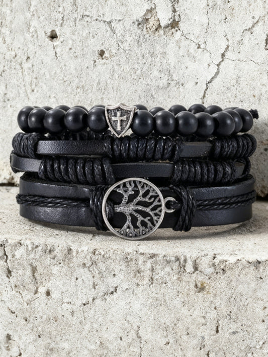 Men's Tree of Life Vintage Woven Personalized Leather Bracelet Three-Piece Set