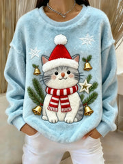 Women's Vintage Christmas Cat Printed Flannel Sweatshirt