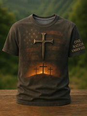 Men's One Nation Under God Cross Faith USA Flag Print Casual Tee