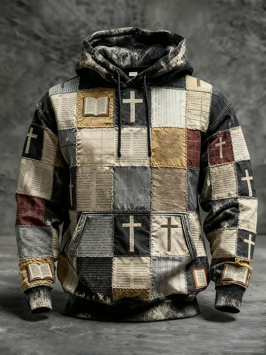 Men's Patchwork of Faith Printed Oversized Drop-Shoulder Hoodie with Pockets