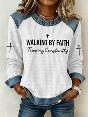 Women's Walking by Faith Tripping Constantly Cross Waffle Sweatshirt