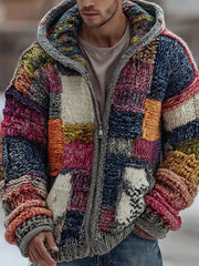 Men's Retro Color Block Print Zipper Hooded Cardigan