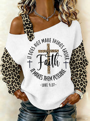 Women's Faith Makes It Possible Leopard Print Casual Off-Shoulder Top