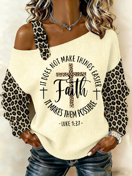 Women's Faith Makes It Possible Leopard Print Casual Off-Shoulder Top