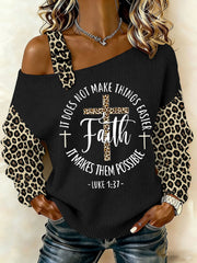 Women's Faith Makes It Possible Leopard Print Casual Off-Shoulder Top