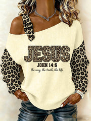 Women's Jesus The Way The Truth The Life Leopard Print Casual Off-Shoulder Top