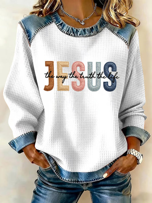 Women's The Way The Truth & The Life John 14:6 Denim Patchwork Top