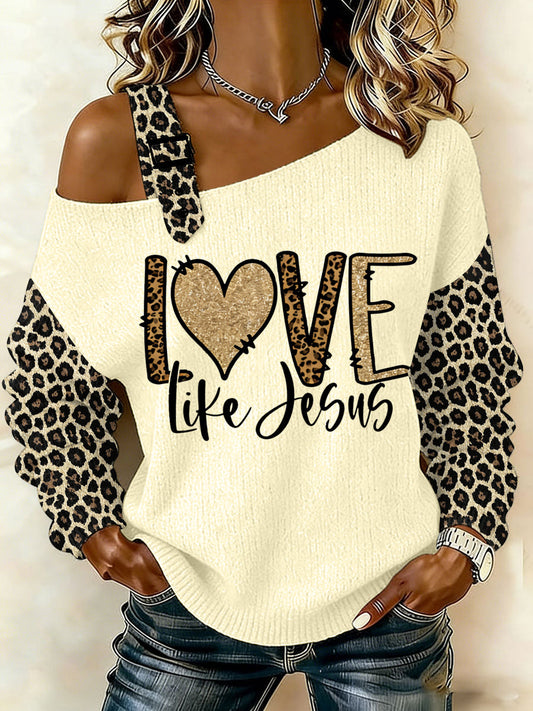 Women's Jesus The Way The Truth The Life Leopard Print Casual Off-Shoulder Top
