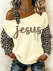 Women's Jesus Leopard Print Casual Off-Shoulder Top