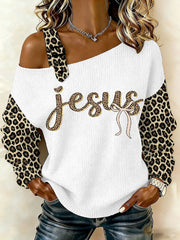 Women's Jesus Leopard Print Casual Off-Shoulder Top