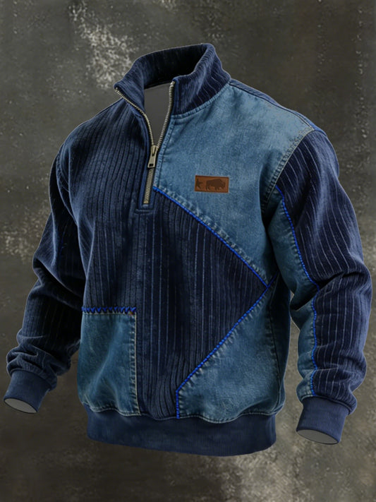 Men's Vintage Patchwork Quarter Zip Sweatshirt