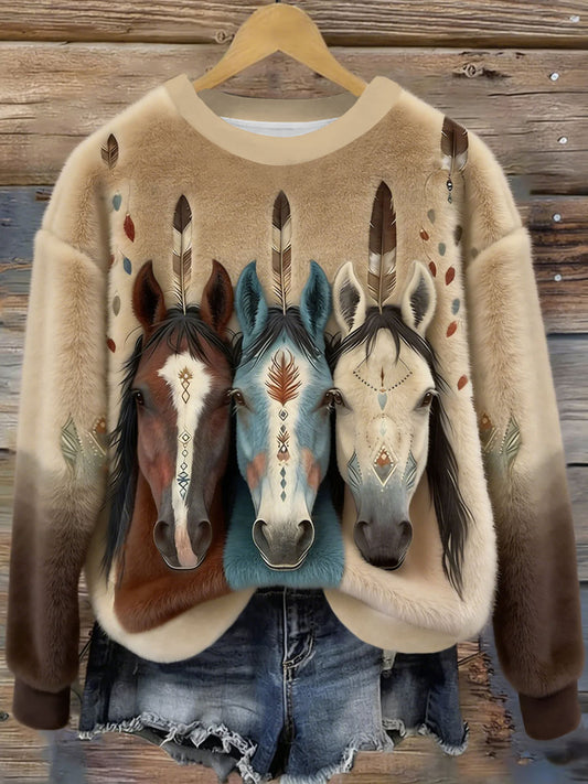 Women's Vintage Western Ethnic Horses Cozy Flannel Sweatshirt