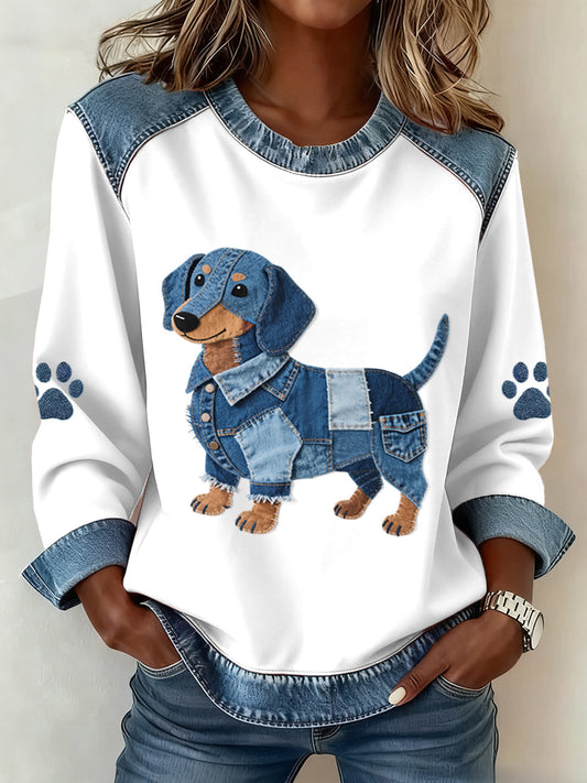 Women's Lovely Dachshund Pattern Denim Patchwork Sweatshirt