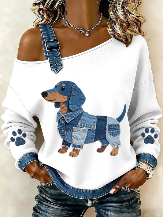 Women's Lovely Dachshund Pattern Denim Patchwork Top