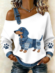 Women's Lovely Dachshund Pattern Denim Patchwork Top