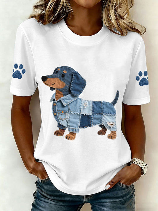 Women's Denim Patchwork Art Dachshund Pattern T-Shirt