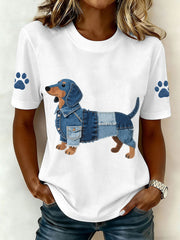 Women's Denim Patchwork Art Dachshund Pattern T-Shirt
