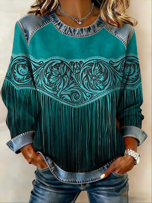 Women's Vintage Western Ethnic Aztec Pattern Denim Patchwork Top