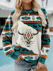 Women's Vintage Western Ethnic Aztec Pattern Casual Cozy Flannel Sweatshirt