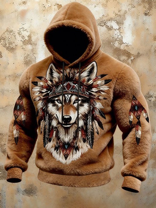 Men's Western Wolf Totem Flannel Hoodie