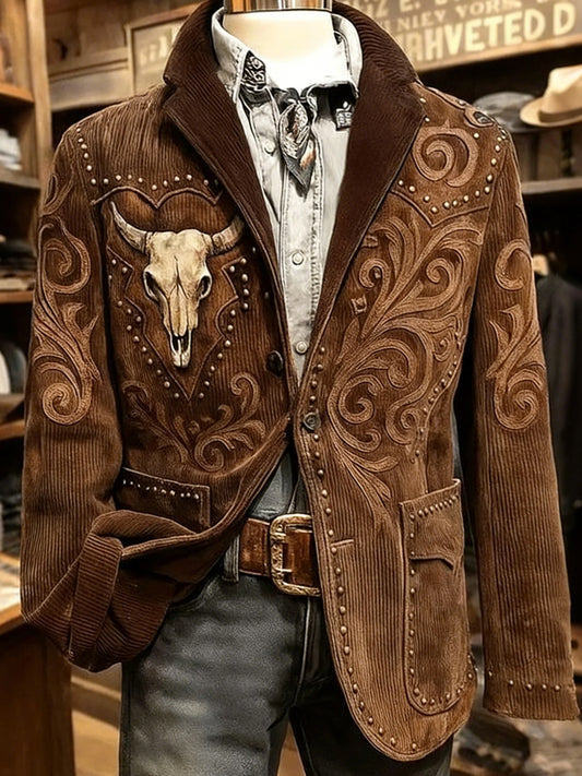 Men's Retro Western-style Bull Head Graphic Corduroy Blazer