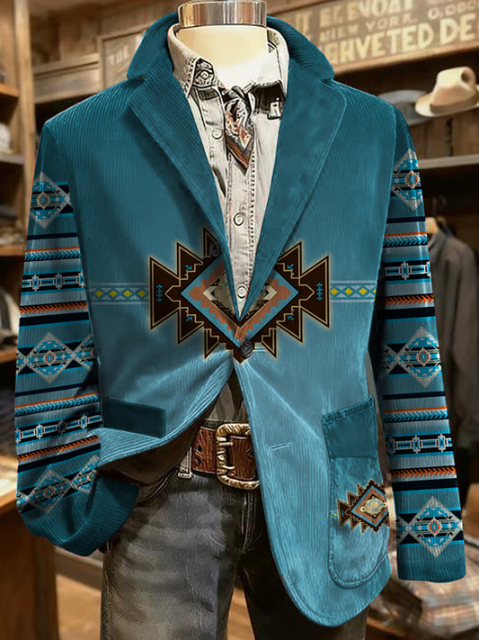 Men's Vintage Western Ethnic Aztec Pattern Corduroy Blazer