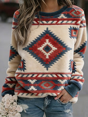 Women's Vintage Western Ethnic Aztec Pattern Casual Cozy Flannel Sweatshirt