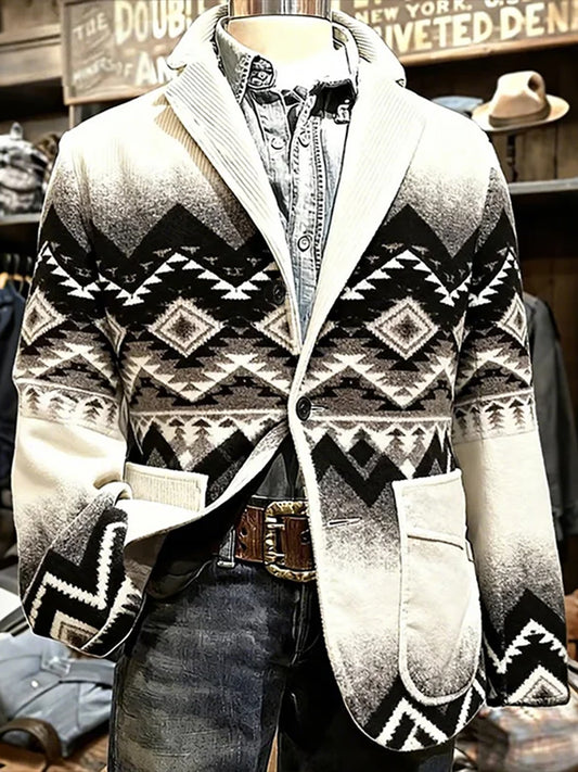 Men's Vintage Western Ethnic Aztec Pattern Corduroy Blazer